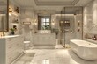 © Parvez - Hollywood Regency-style glam bathroom with marble floors and brass fixtures.