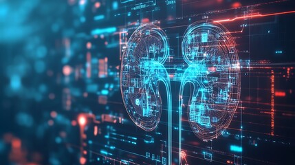 Wall Mural - Digital Representation of Human Kidneys with Glowing Blue and Red Lines