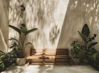 Sticker - Wooden Bench with Plants in a Minimalist Patio