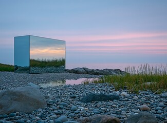 Poster - Reflective Cube On A Rocky Beach At Sunset