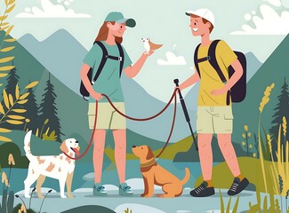 Sticker - Couple Hiking With Dogs And Birds In The Mountains