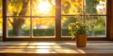 Wall Mural - Autumn Sunset Window with Plant Pot