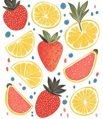 Wall Mural - Summer Fruits Illustration With Lemon, Strawberry And Watermelon