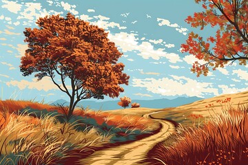 Wall Mural - Autumn Landscape with Winding Road and Trees