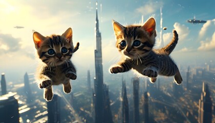 Wall Mural - Kittens Gliding Above a Futuristic Cityscape