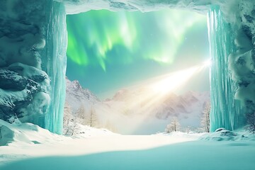 Sticker - Aurora Borealis Through Ice Cave In Mountains