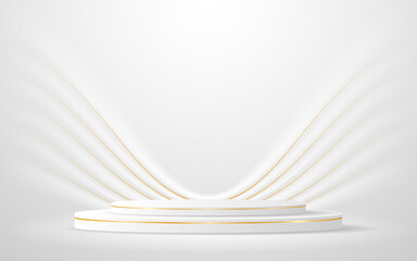 Poster - White podium with elegant gold lines for the best awards or product display. stage or podium. vector illustration	