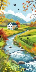 Wall Mural - Autumn Landscape with House and River