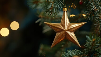 Wall Mural - close-up of gold sparkling star ornament hanging on a christmas tree