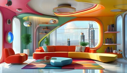 Wall Mural - Vibrant Futuristic Living Room Featuring Modern Design Elements