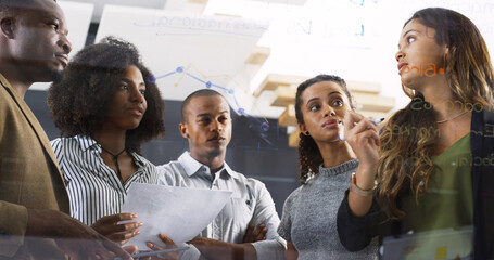 Poster - Business people, working and board notes in office with meeting and content creation plan. Teamwork, collaboration and company growth with writing and article schedule update with diversity and staff