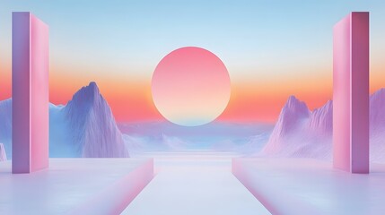 Poster - Pink and Blue Abstract Landscape With Sun