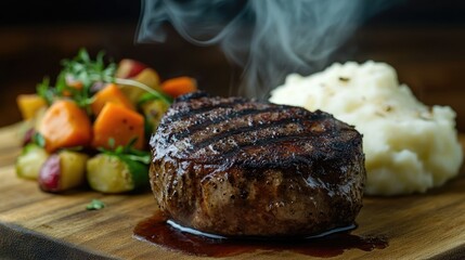 A perfectly cooked filet mignon with visible grill marks, smoke rising, and a side of mashed potatoes and vegetables.