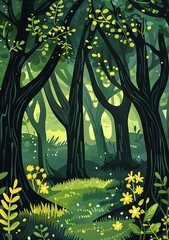 Poster - Green Forest Illustration with Bright Yellow Flowers