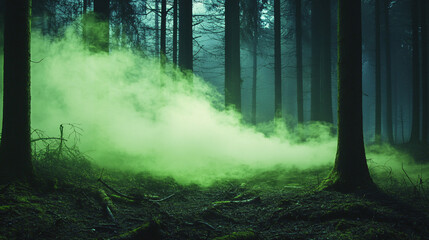 Wall Mural - eerie green mist rising from the ground in a foggy forest