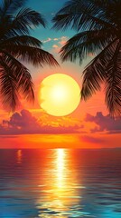 Sticker - Tropical Sunset over the Ocean with Palm Trees