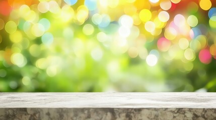 Marble Surface With Vibrant Green And Yellow Bokeh Lights Background