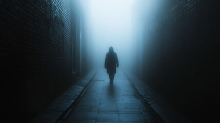 Wall Mural - creepy shadow figure moving through a foggy alleyway