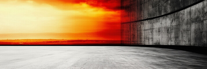 Wall Mural - Concrete room with a view of a fiery sunset