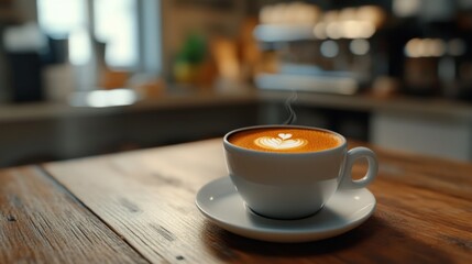 A close-up of a freshly brewed cup of espresso, with rich crema forming on top and a cozy cafe setting in the background