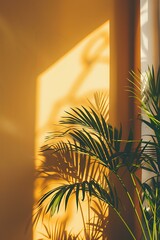 Poster - Sunlight Shadow on Yellow Wall with Green Palm Leaf