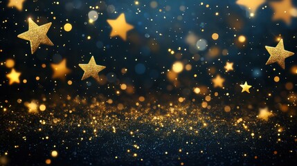 Wall Mural - new year, christmas background with gold stars and sparkling. abstract background with dark blue and