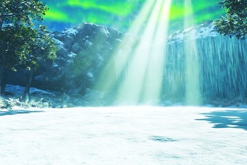 Poster - Winter Wonderland with Northern Lights and Waterfall