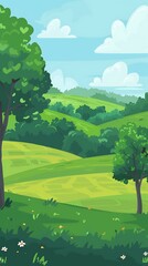 Cartoon Illustration of Green Hills and Trees in Nature