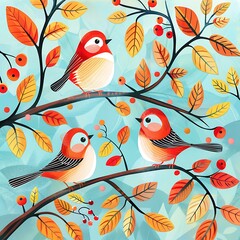 Poster - Three Birds On Branch With Autumn Leaves Illustration