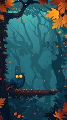 Sticker - Owl Sitting on Branch in Autumn Forest