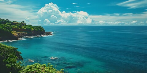 Canvas Print - Beautiful Blue Ocean with Lush Green Cliff