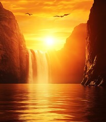 Wall Mural - Golden Sunset Waterfall in Mountains