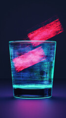 Poster - A glass of water with two pink ice cubes, lit with neon blue light.