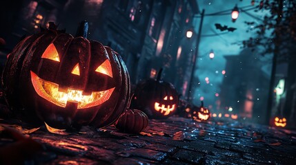 Wall Mural - Halloween pumpkin with a glowing face on a dark background with autumn leaves and blurred street lights in the night