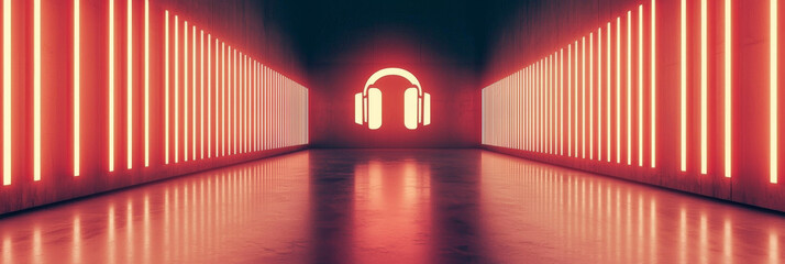 Poster - Neon headphones symbol glowing in a futuristic corridor.