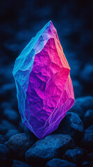 Sticker - A single, vibrant, blue and pink rock stands out among a pile of gray rocks.