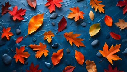 Wall Mural - Autumn leaves in vibrant red and orange hues scattered across a dark blue stone surface