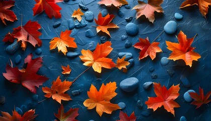 Wall Mural - Autumn leaves in vibrant red and orange hues scattered across a dark blue stone surface