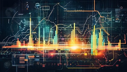 Wall Mural - Futuristic abstract technology backdrop featuring dynamic graphs, charts, and analytical indicators.