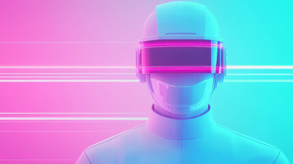 Canvas Print - Futuristic robot with glowing visor, in pink and blue lighting.