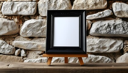 Elegant black wooden photo frame with white mount displayed on rustic shelf against textured stone wall backdrop