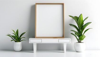 Wall Mural - Minimalistic wooden frame with white potted plant on a clean white table against a crisp white background