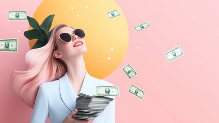 Wall Mural - A businesswoman holding a stack of money, with a celebratory smile on her face.