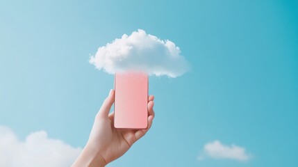 Wall Mural - A hand holding a smartphone, seamlessly connecting to a cloud server with data flowing in and out.