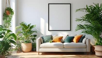 Wall Mural - Stylish blank frame in a vibrant indoor space adorned with lush greenery