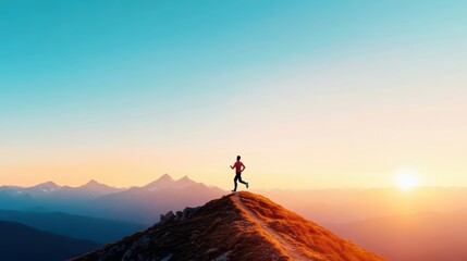 Sticker - A person running on a mountain trail, reaching a peak and feeling a sense of accomplishment.