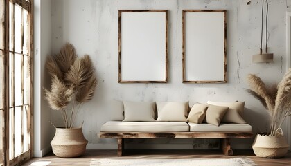 Shabby chic interior featuring a blank wooden frame mockup surrounded by vintage decor elements