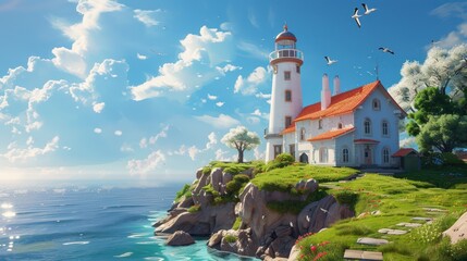 Poster - Lighthouse on a Cliff overlooking the Sea