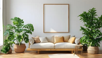 Wall Mural - Stylish blank frame in a vibrant indoor space adorned with lush greenery