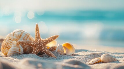 A serene close-up of a starfish and seashells in soft sand, with the turquoise ocean shimmering in the background.